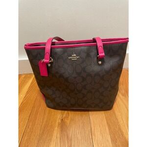 Coach Signature C Monogram Tote Bag Brown Pink Leather Trim Gold Hardware